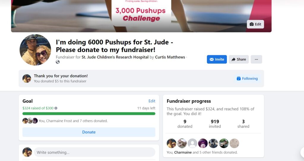 St. Jude's push-up challenge fundraiser. My donation results after the 30 days is $324 and I did 6100 push-ups  