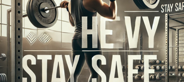 Person lifting a barbell with proper form in a modern gym, emphasizing safety and strength. The background features gym equipment like dumbbells and weight racks, with motivational text overlay reading 'Lift Heavy, Stay Safe.