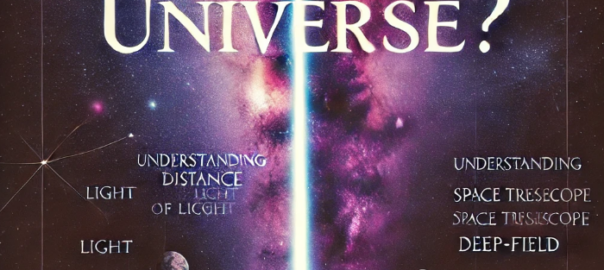 A cosmic-themed image featuring the Milky Way galaxy, transitioning from deep purples to blues and blacks. A beam of light symbolizing the speed of light stretches from bottom left to top right. The central title "How Big is the Universe?" is in bold, white font with a glowing effect, and a smaller tagline below reads "Understanding distance, light, and the immensity of creation.