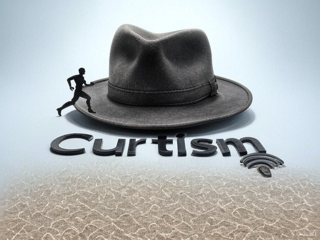 Logo for Curtism featuring a large gray fedora hat with a silhouette of a runner on top, symbolizing fitness and strength. Below the hat, the word "Curtism" is displayed in bold letters with a wireless signal icon integrated into the letter 'm', representing wireless technology consulting. The background transitions from a light blue to a textured sandy surface, symbolizing innovation and integrity.