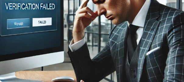 A middle-aged man that does not look like Curtis Matthews but in a business suit sits at a modern office desk, looking stressed and disappointed at a computer screen displaying a 'verification failed' on message on LinkedIn. The setting reflects a well-lit corporate office, emphasizing the emotional impact of professional setbacks in the digital age.