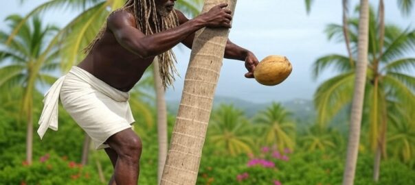 Rasta climbing a coconut tree in Trinidad