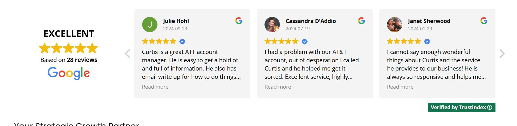 Screenshot of Curtis Matthews' 28 five‑star Google reviews plugin