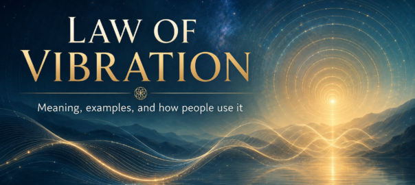 Abstract spiritual image showing golden energy waves, vibration rings, and the words Law of Vibration over a cosmic landscape.